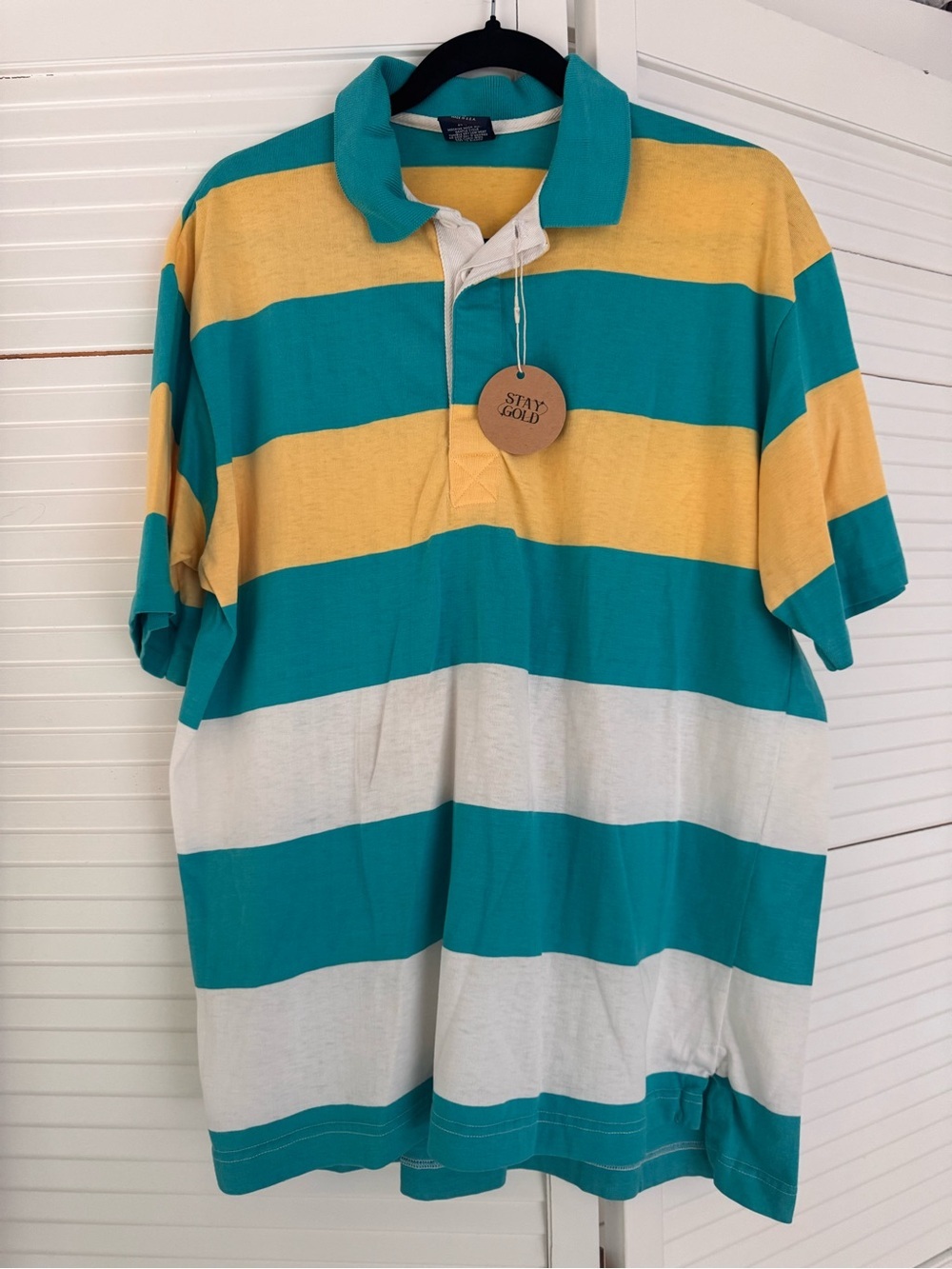 Vintage 80’s Gant Men's Oversized Striped Polo Shirt in Teal, Yellow & White